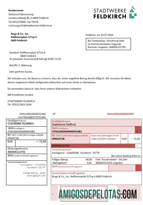 imprimível Modelo de conta de serviços públicos da Áustria Stadtwerke Feldkirch em formato Word e PDF